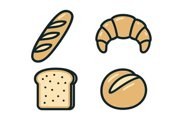 Variety of fresh baked goods and breakfast pastries such as baguette, croissant, toast, and bread roll
