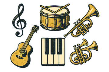 Classic musical instruments collection featuring guitar, drum, trumpet, piano keys, and a treble clef symbol