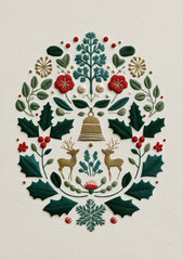 Festive embroidered design featuring golden bell with paired reindeer surrounded by holly.