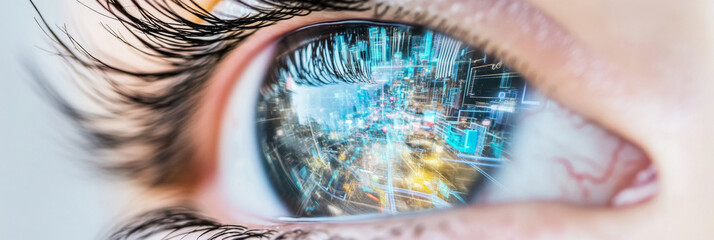 Human eye reflecting digital matrix concept, detailed closeup view