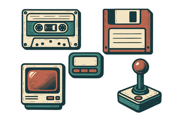 Retro electronic devices set featuring vintage audio cassette, floppy disk, old computer monitor, pager, and classic joystick