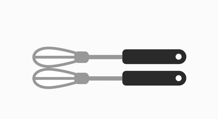 Two hand whisks, side by side, with gray wire loops and black handles, ready for use.
