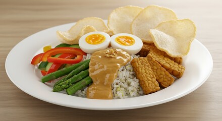A plate of Nasi Campur, a traditional Indonesian dish, featuring rice, tempeh, vegetables, boiled eggs, crackers, and peanut sauce.