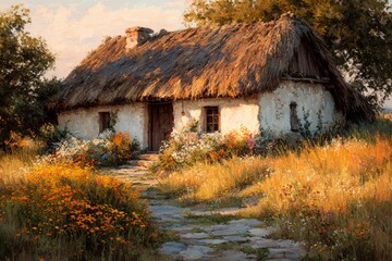 Rustic cottage features a thatched roof and blooming wildflowers along a stone path, capturing a serene countryside scene