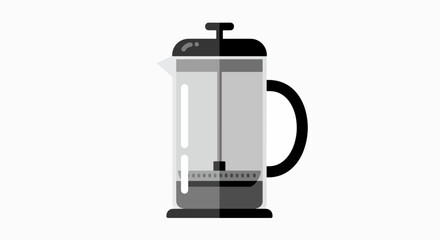 A minimalist illustration of a glass French press coffee maker with a black handle and lid, set against a plain white background.