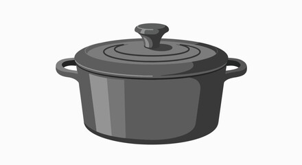 A grayscale image of a dark gray cast iron Dutch oven with a lid and handles.
