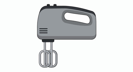 A simple, flat illustration of a gray electric hand mixer with two beaters.