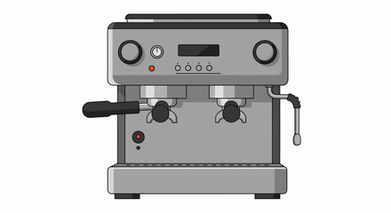 Illustration of a silver espresso machine with two spouts and a digital display.