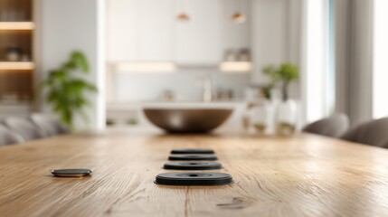 Image centered on a contemporary dining table with hidden power outlets and smart home hubs background furniture and room details blurred.