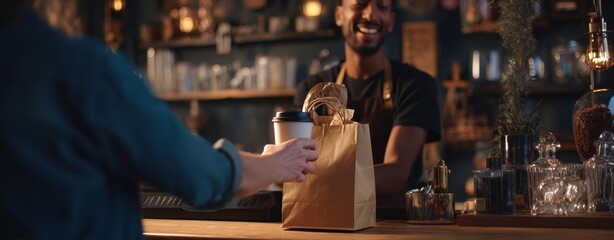 The Paper Bag Exchange Between Customer and Barista in Cozy Cafe