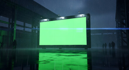 Empty green screen billboard at night, industrial setting, reflected in wet pavement.