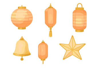 Traditional festive lanterns, decorative bell, and golden star for holiday celebrations and cultural events