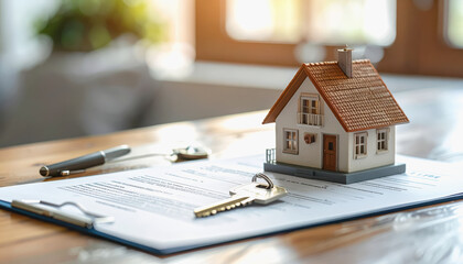 House illustration on paper with key for mortgage loan approval in financial planning with copy space for text