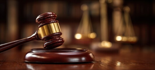 The gavel symbolizes justice in the courtroom setting with scales balancing.