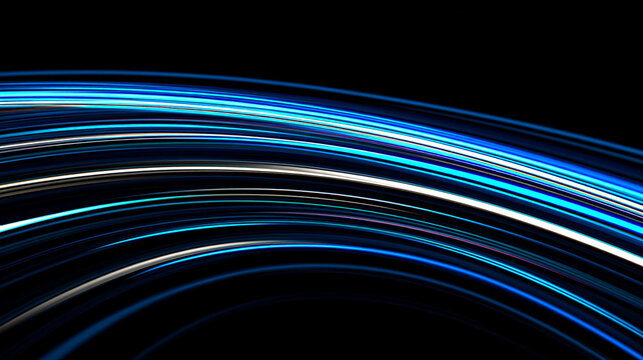 Abstract blue light beams create energetic streaks against a dark background, showcasing vibrant movement and dynamic flow in a visually captivating composition