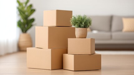 Stacked cardboard boxes with green plant on top in modern living room interior showcasing minimalistic decor and natural lighting for lifestyle concepts