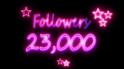 Futuristic Glowing Purple Neon Light 23,000 Followers Text star graphic, success, followers,  Seamless Looping 23.000, celebration logo, label symbol text design social network, trendy..