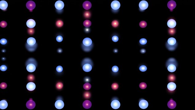A captivating design featuring numerous glowing orbs in vibrant blue, pink, and purple hues, arranged in vertical columns against a pitch-black background.