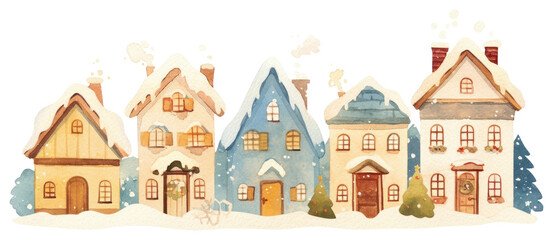 Fototapeta premium PNG Christmas five houses illustration village snow.