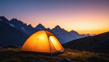 Illuminated tent with a breathtaking silhouette of mountains at dusk creating a perfect outdoor camping experience