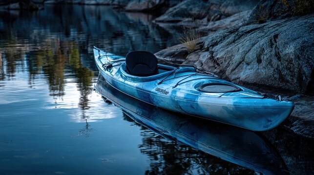 kayak. A kayak rests on the shoreline, reflecting calm blue waters in a serene natural setting. tourism brochures, itinerary planners, designed for travel destination branding.