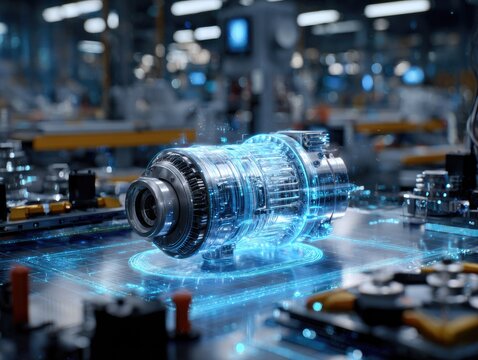 A metallic cylindrical component rests on a digital platform within a bustling factory setting, its internal mechanisms highlighted by a translucent blue digital overlay