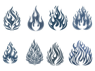 Collection of retro flame silhouettes featuring motorcycles, cars and tattoo. Vector illustration.