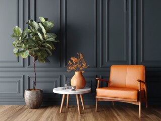 A mid-century modern armchair in burnt orange leather sits beside a small round table with a vase of dried flowers and a fiddle leaf fig plant against a dark paneled wall