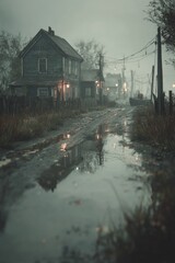 Muddy village street at dusk with houses and distant lights reflecting in puddles