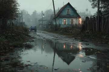 Fototapeta premium Rural house with glowing windows reflecting in a large puddle on a wet dirt road