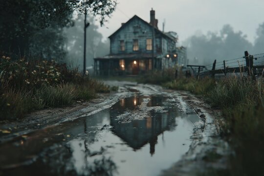 Old house with glowing windows reflecting in a dirt road puddle on a foggy day
