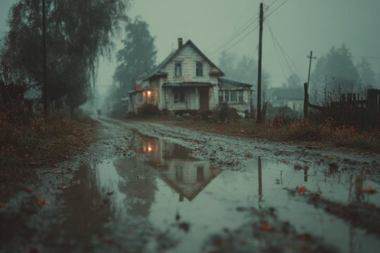 Old house with a glowing window reflecting in a muddy puddle on an overcast, foggy day - Powered by Adobe