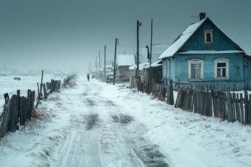 Rural village road covered in snow during a freezing winter day
