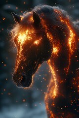 The powerful Red Fire Horse, symbol of 2026. A majestic red horse with a mane and eyes woven from shimmering, glowing embers and ethereal flames. Its breath is visible in the cold air, and a snow-cove