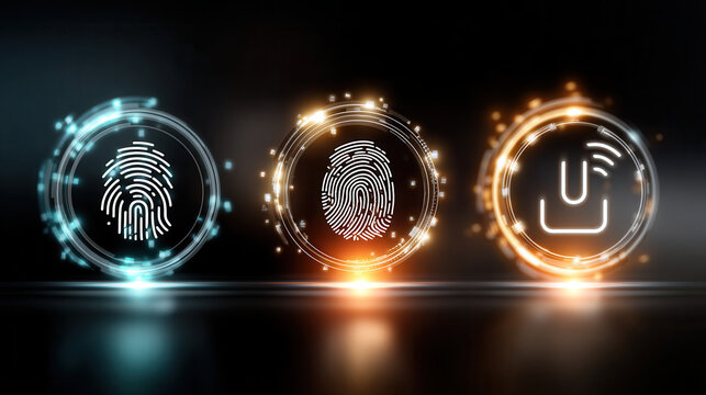 Fingerprint security icon with futuristic digital interface and glowing light effects in blue and orange colors