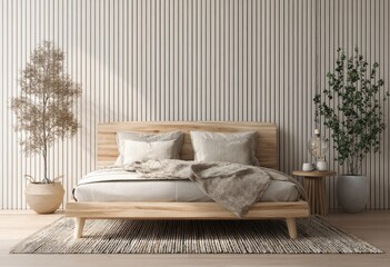 A minimalist bedroom features a light wood platform bed with neutral linens, flanked by potted plants and a side table, all set against a vertical wood-paneled wall and rug