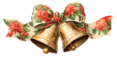 Golden Christmas bells with a festive red and green floral ribbon, ideal for holiday decorations and seasonal greetings