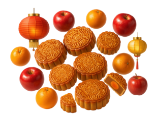 Bountiful display of mooncakes, fruits, and lanterns celebrating a Chinese festival.