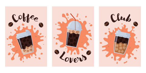 Set of poster designs featuring coffee cups on a colored background with a coffee stain and the text "coffee lovers club". Ideal for invitations, cards, banners, covers, café menus, and other template
