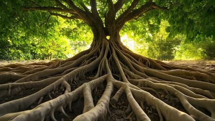 A large tree with an intricate network of exposed roots spreading across the forest floor, sunlit leaves peeking through the canopy. - Powered by Adobe