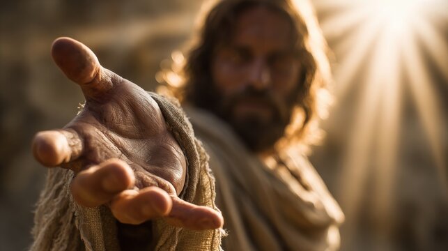 Man with outstretched hand. Jesus reaching out to viewer with light rays. Concept of help, mercy, and religious faith.