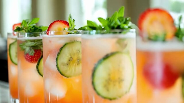 Row of colorful fruit cocktails in tall glasses with cucumber rounds, strawberries, mint, and ice on a bar.