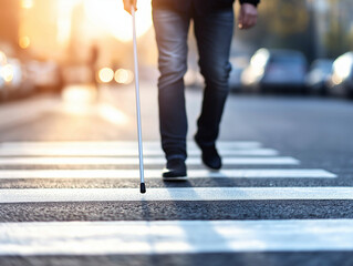 Man using white cane while crossing street in urban setting  