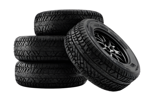 Set of four black car tires stacked against white background, perfect for automotive and vehicle maintenance visuals