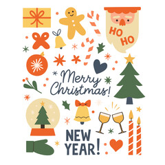 Retro Christmas Holiday Icon and Poster Set. Vintage Festive Collection with Santa Tree and Slogans.