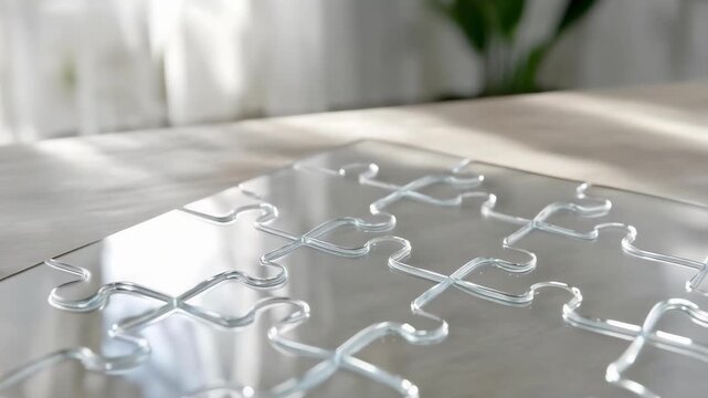 Shiny interlocking metal puzzle pieces forming a lattice on a reflective surface.