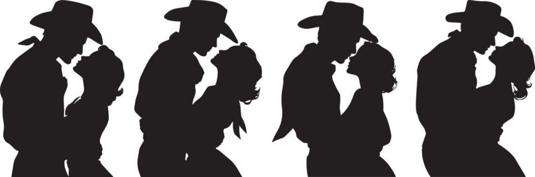 Vector art of silhouette of cowboy couple kissing, love, romance