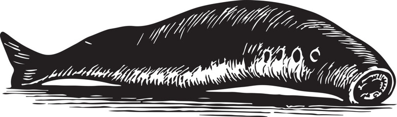 A stark black and white woodcut illustration of a large dark whale breaching the water with a textured graphic style