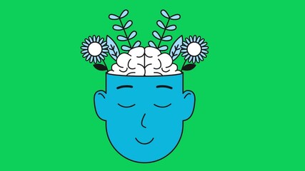 Illustration of a blue head with a brain and flowers, symbolizing mental health and wellbeing - Powered by Adobe