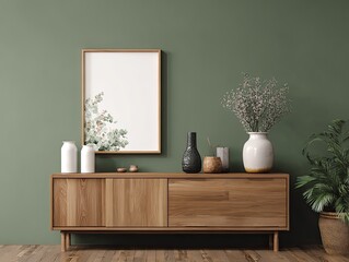 A minimalist interior scene featuring a light wood media console against a muted sage green wall, adorned with a framed botanical print, vases, and houseplants
